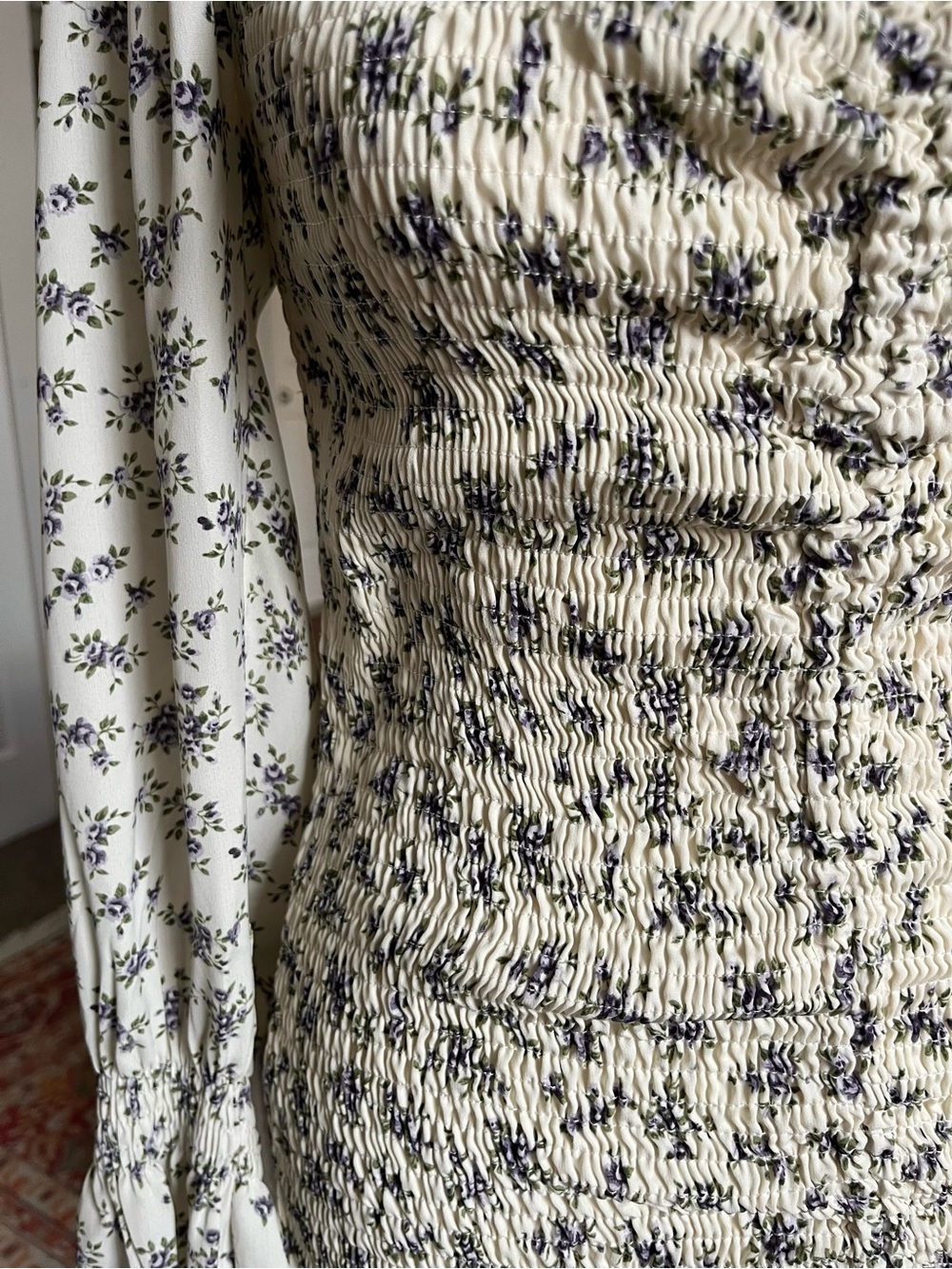 Smocked Floral Long-Sleeve Mini Dress - Cream/Purple - Picture 4 of 9
